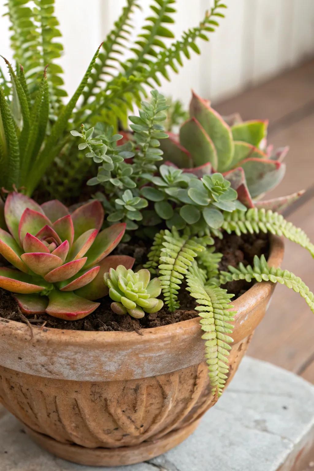 A vibrant mix of drought-tolerant plants and lush foliage in one container.