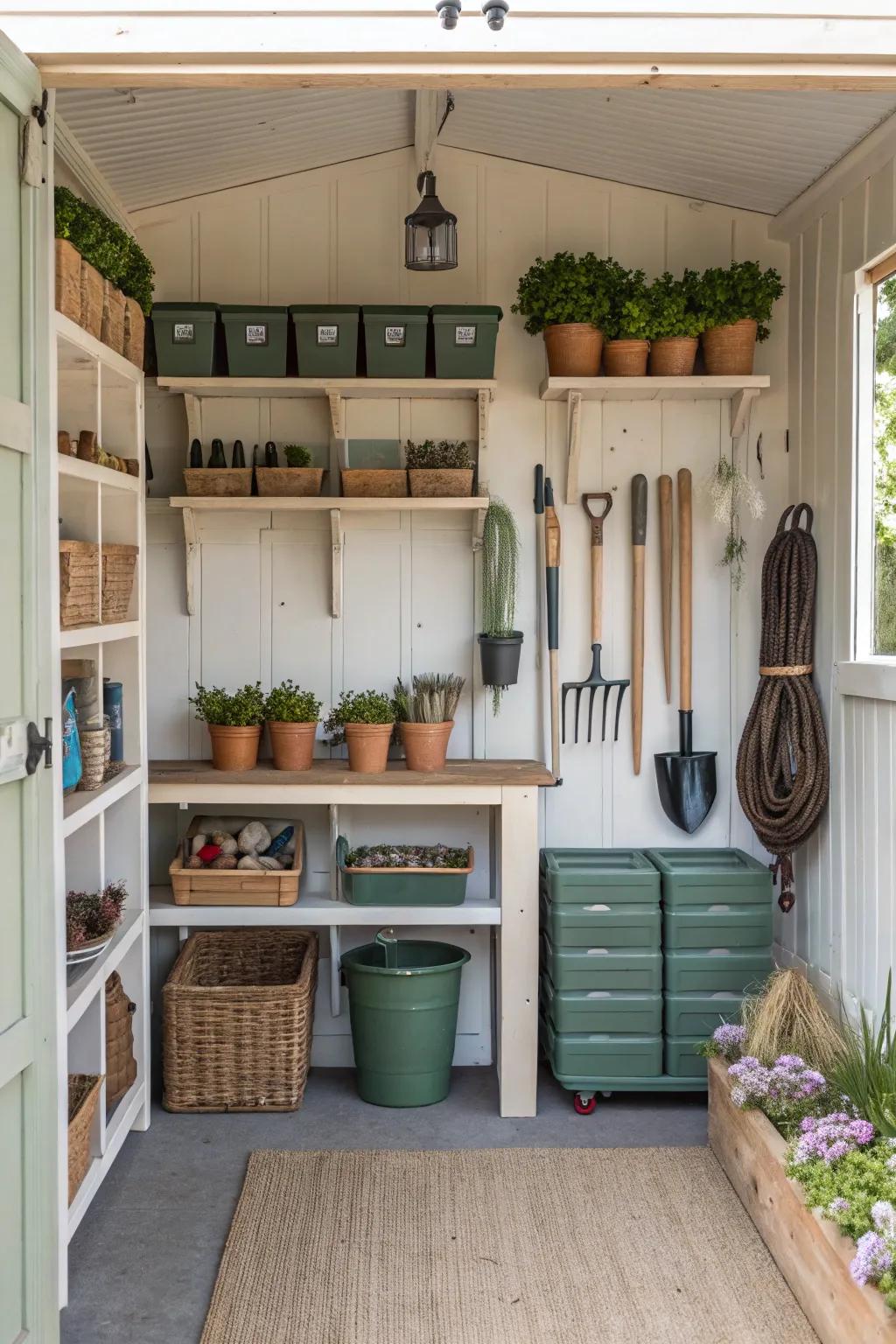 A perfectly organized potting shed featuring clever storage options.