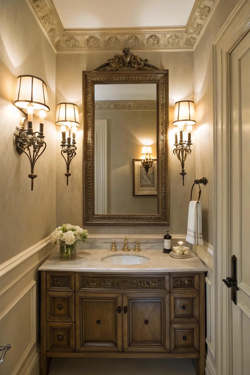 Wall lamps on either side of a mirror enhance sophistication and diminish shadows.