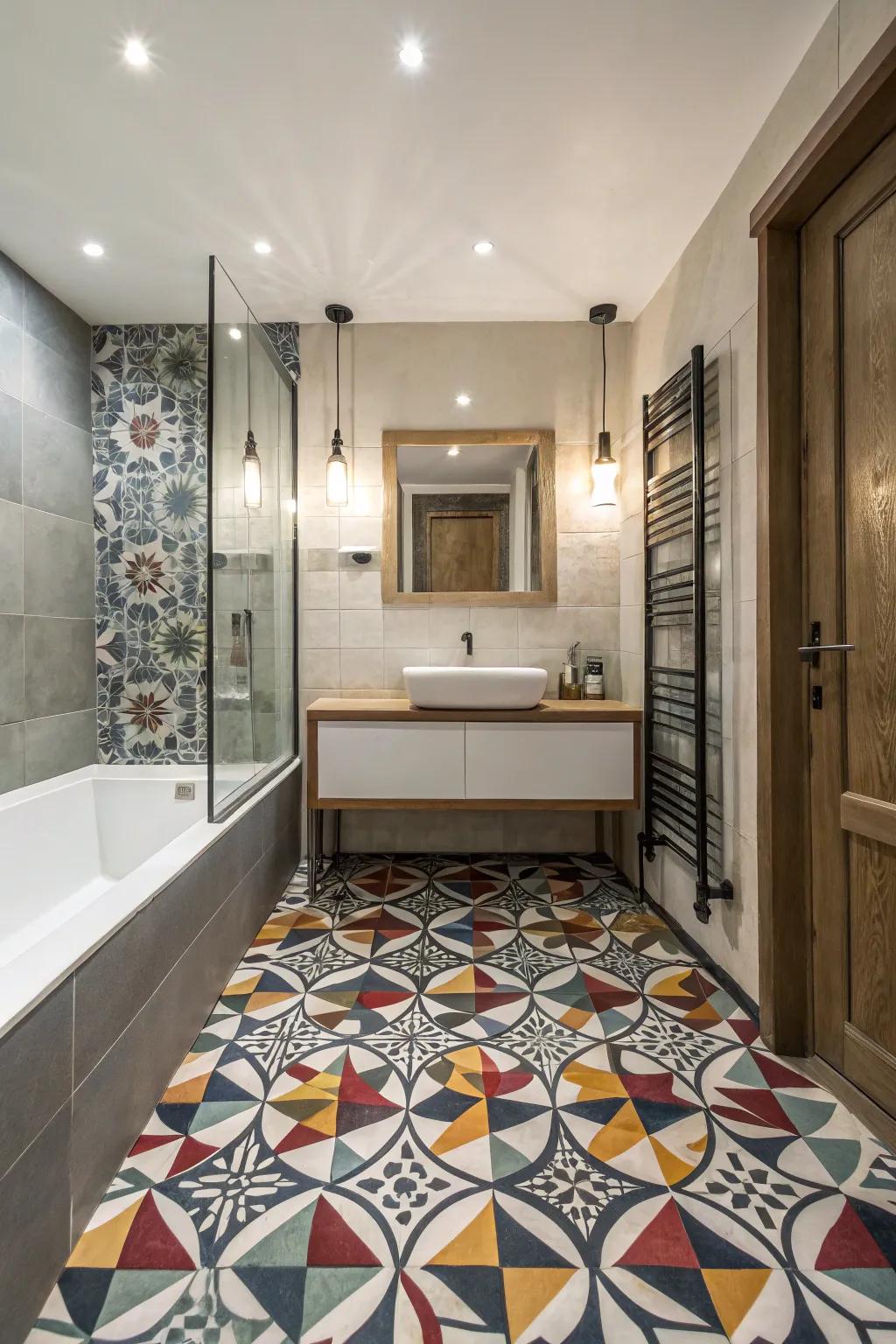 Geometric tiles provide a gorgeous, modern aesthetic in any powder room.
