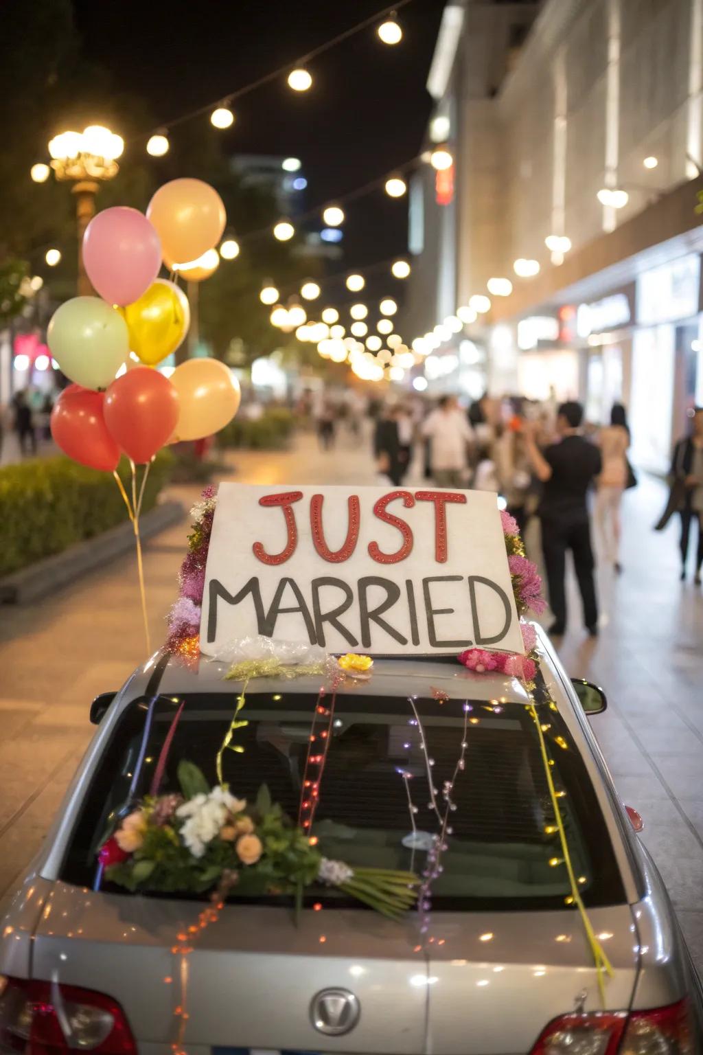 A classic 'Just Married' decoration brings a timeless charm to the departure vehicle.