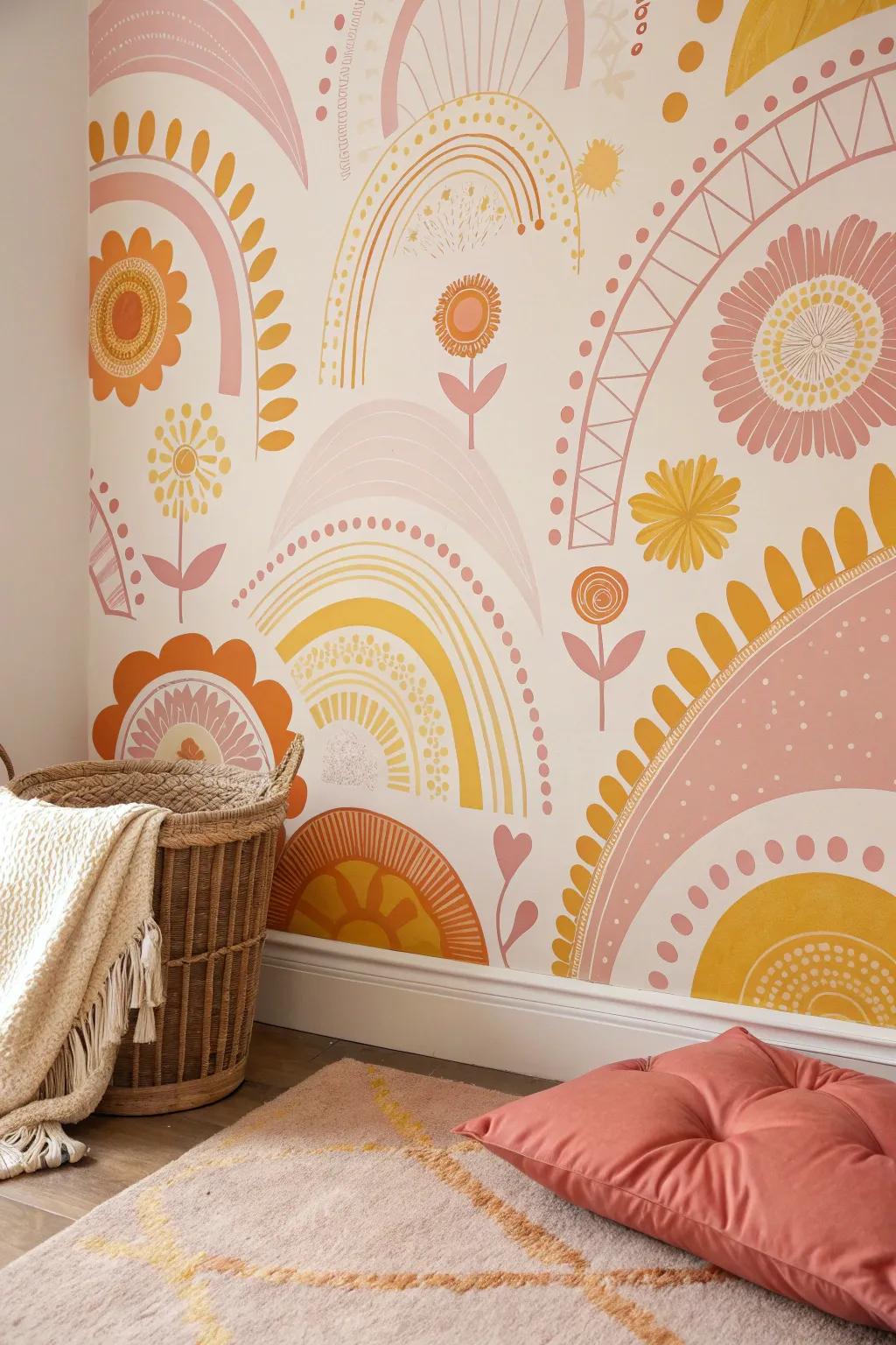 A dynamic blend of soft hues creates a vibrant and joyful vibe.