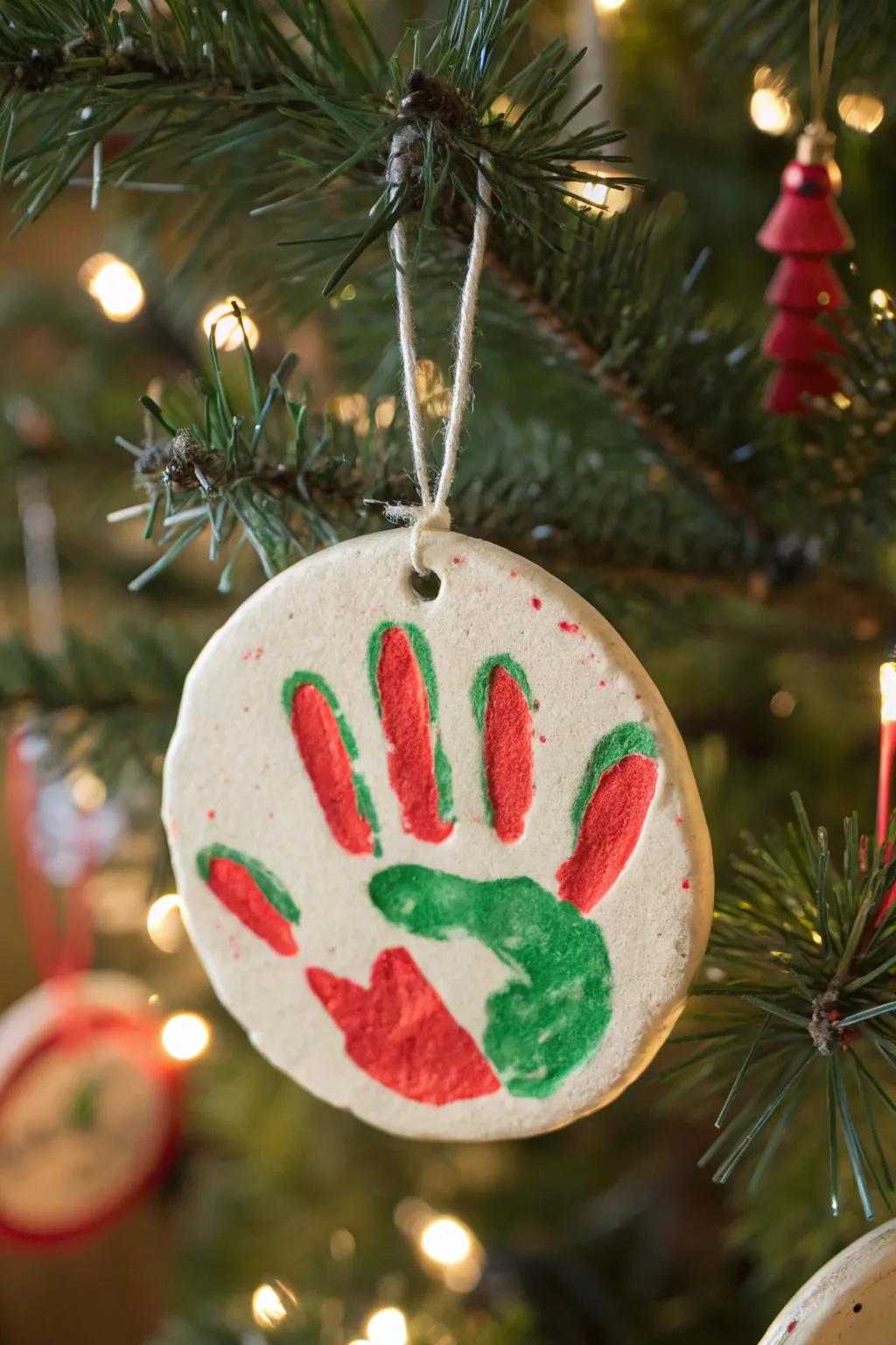 A personal touch to holiday decor with a painted salt dough handprint ornament.