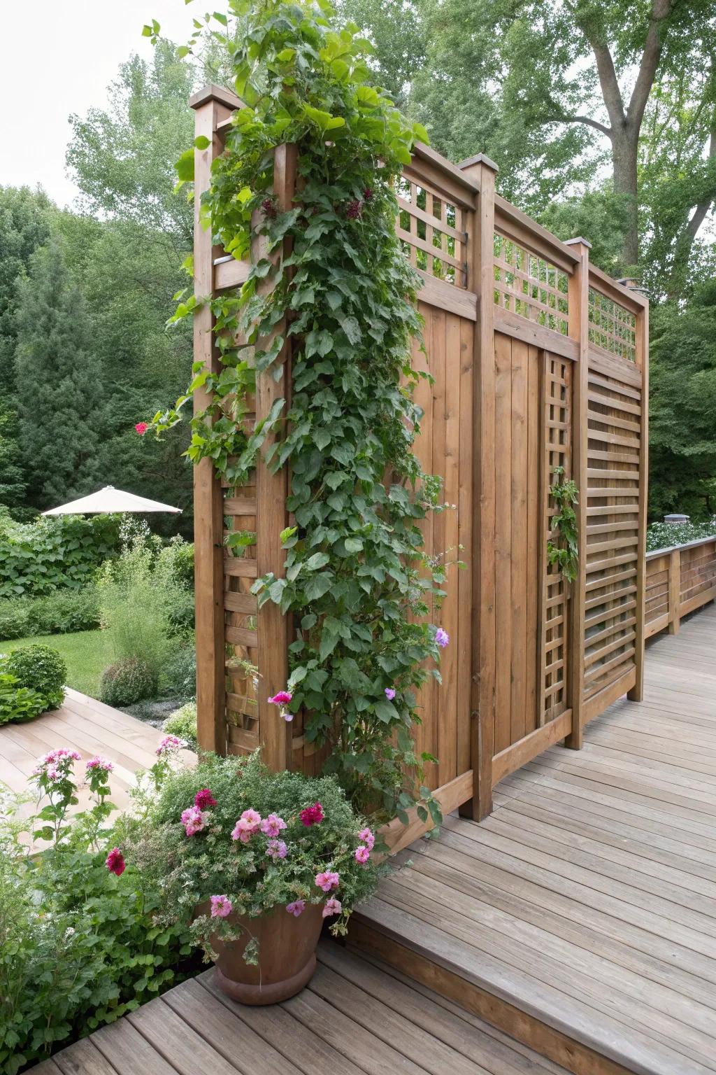 A timber privacy screen enhanced with vibrant climbing foliage.