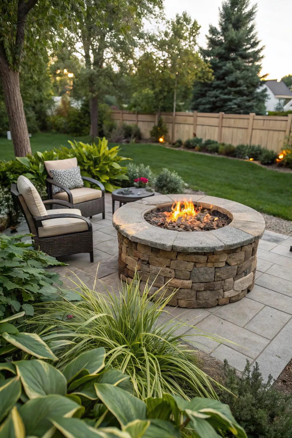 A circular stone propane fire pit serves as an inviting focal point for any outdoor get-together.