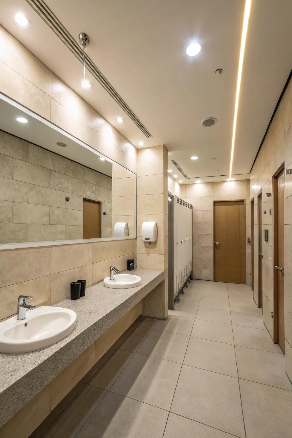 A minimalist shared restroom radiates serenity with its sharp lines and muted tones.