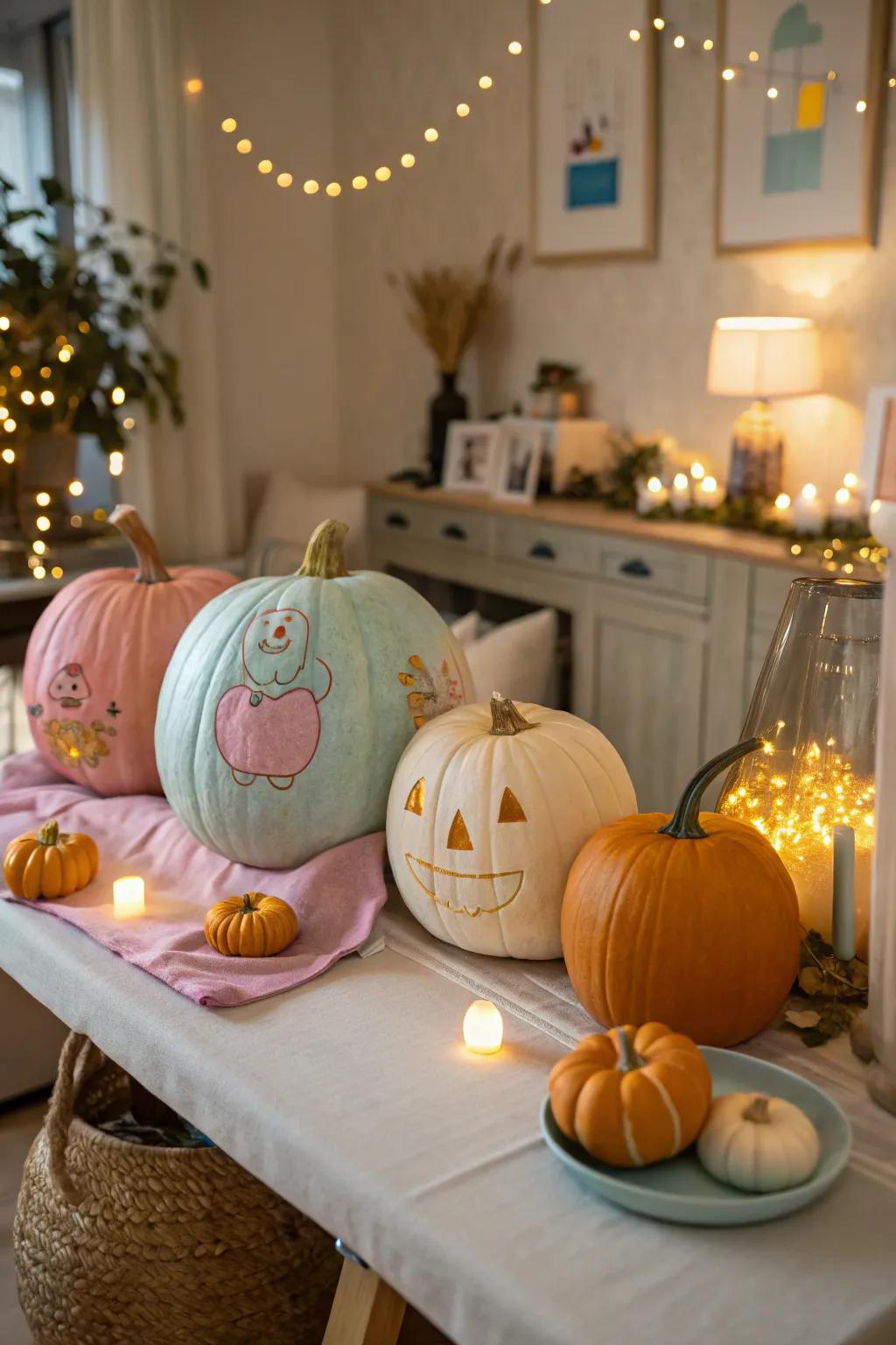 Charming pumpkin centerpieces showcasing baby-themed carvings.