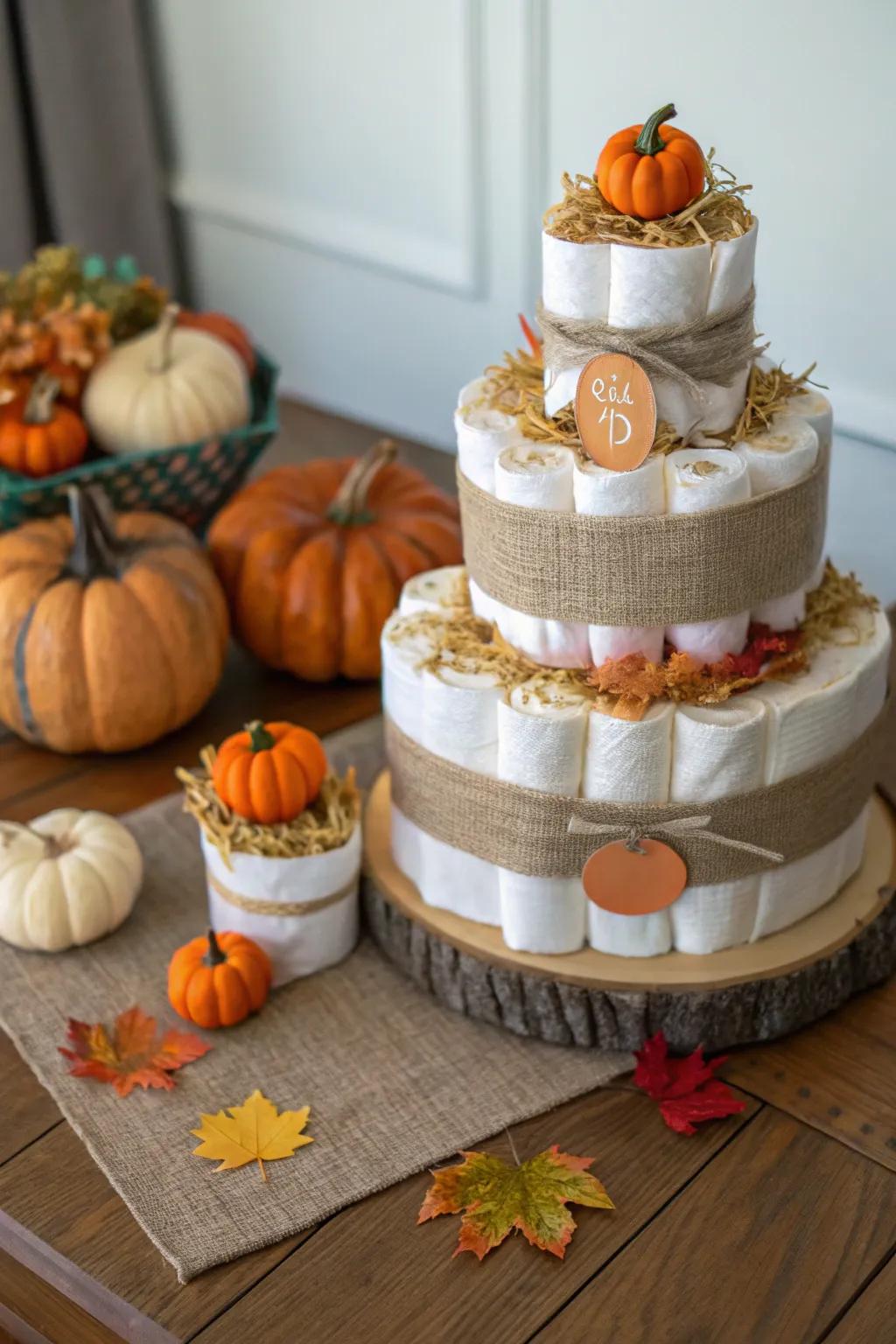 The timeless pumpkin scene diaper feature is a must-have for any autumnal baby welcoming celebration.