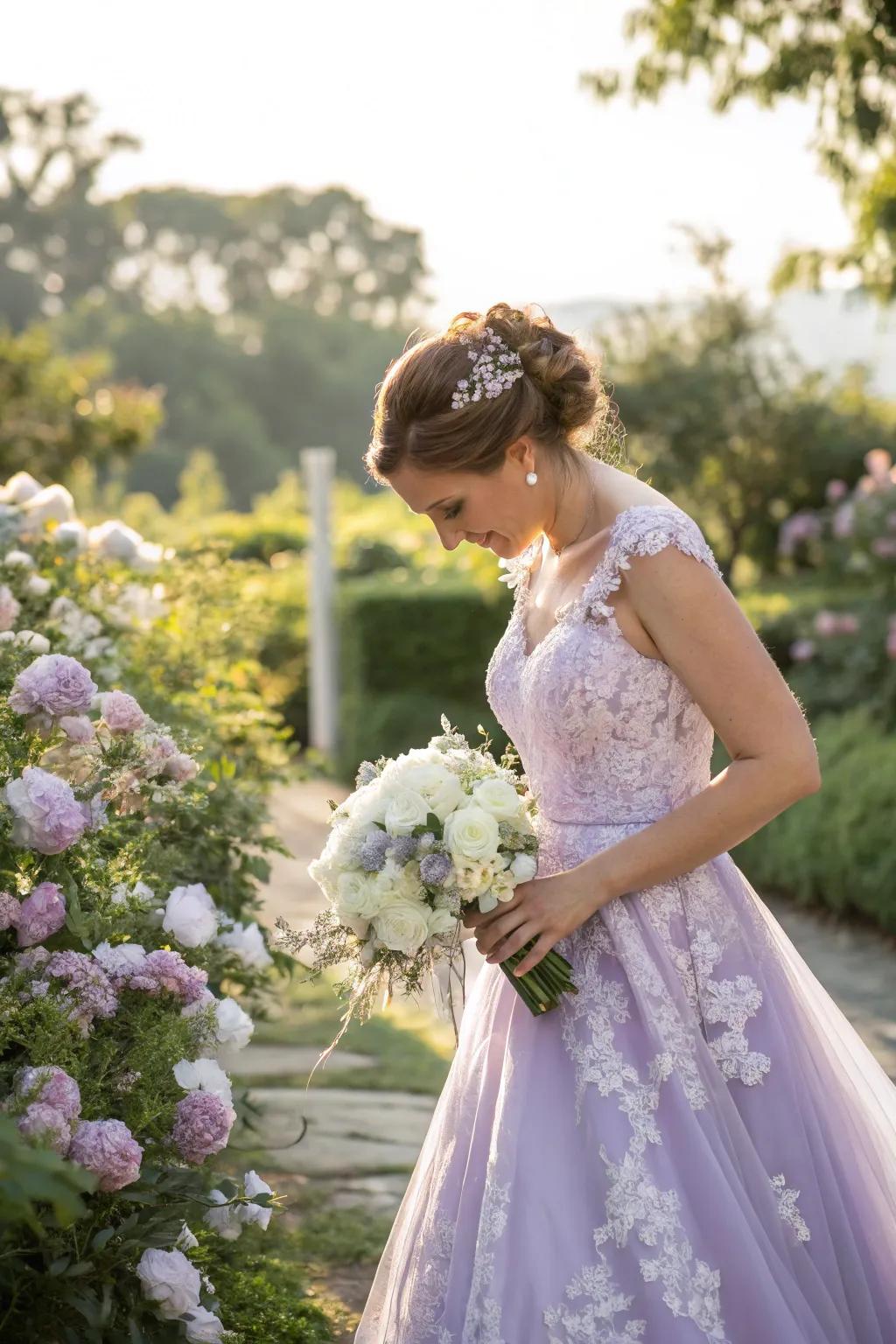 A bride in a stunning lilac gown brings a hint of magic to her special day.