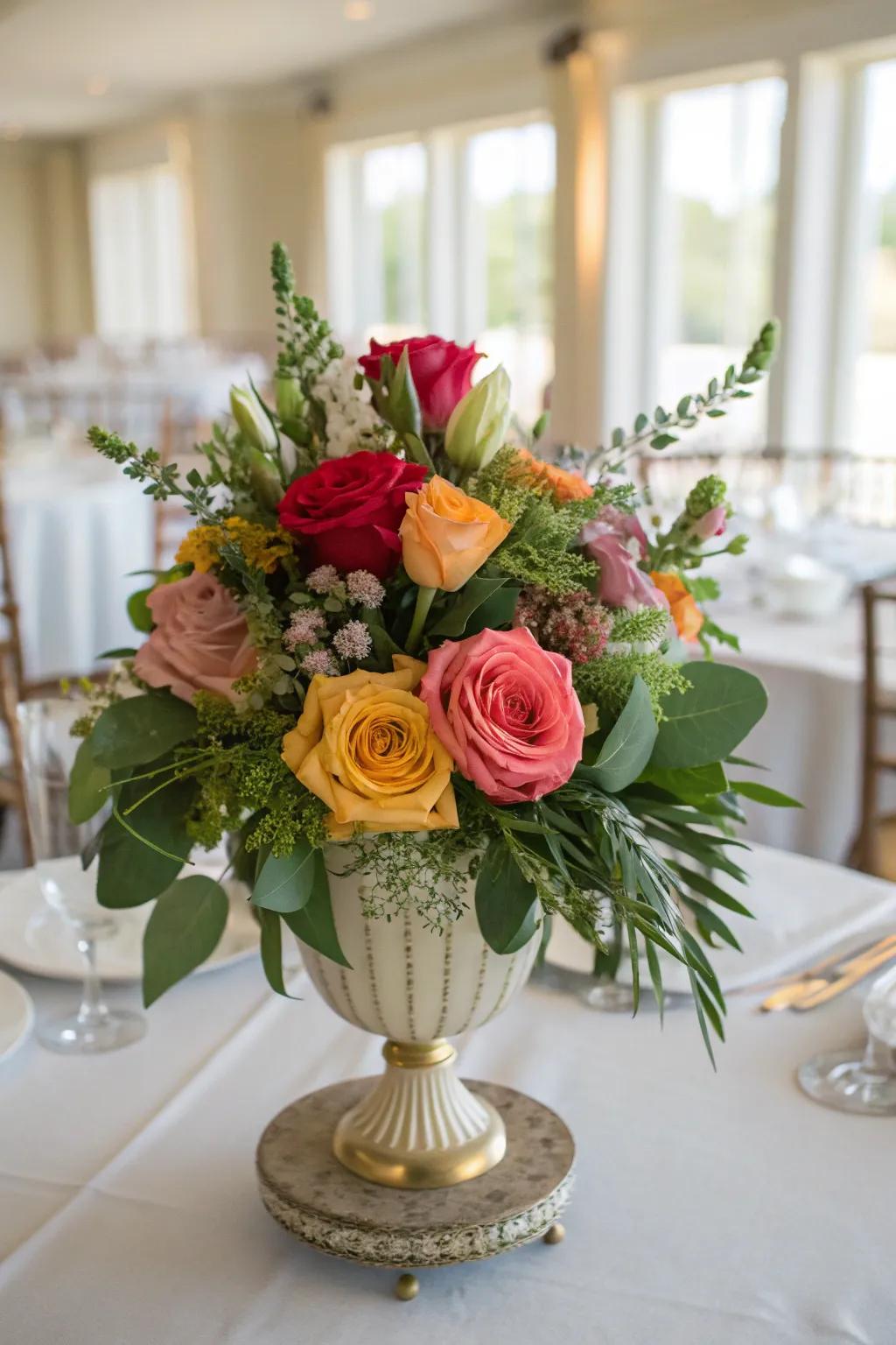 Refined flower displays featuring roses and diverse blooms establish a classic aesthetic.