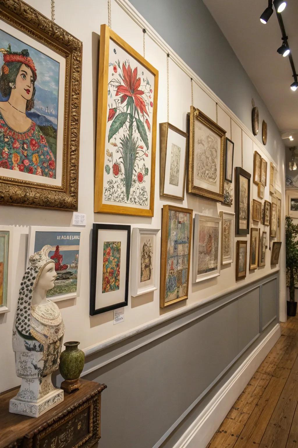 A playful wall gallery showcasing diverse artwork.