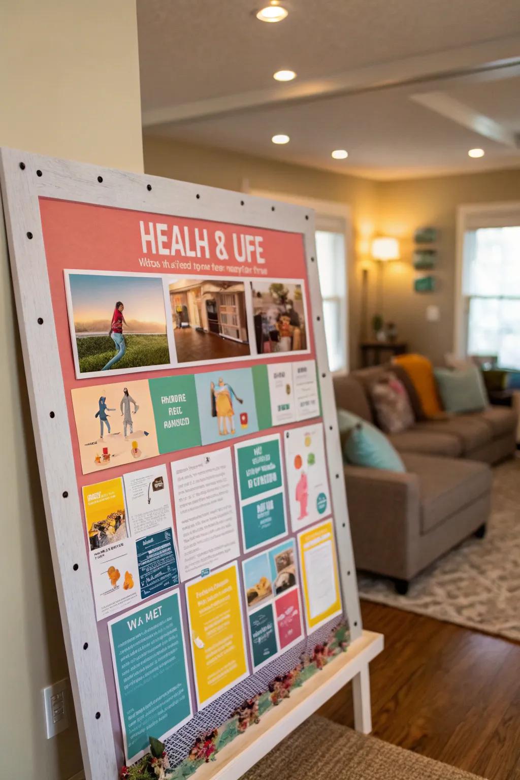 A lively bulletin board dedicated to health and wellness, featuring striking visuals.