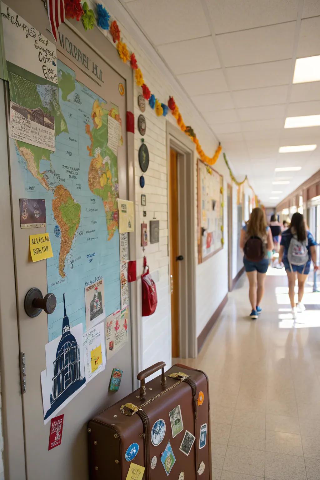 Travel-inspired decor transforms your door into an invitation for adventure.