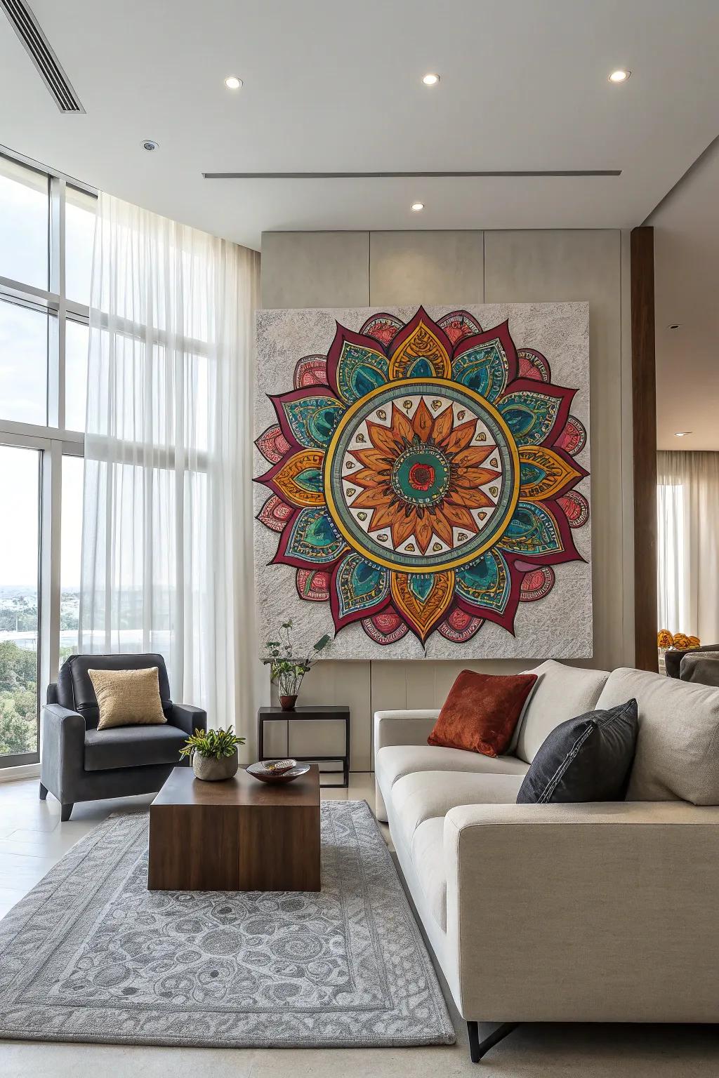 A vibrant mandala displayed as a focal point in an elegant living space.