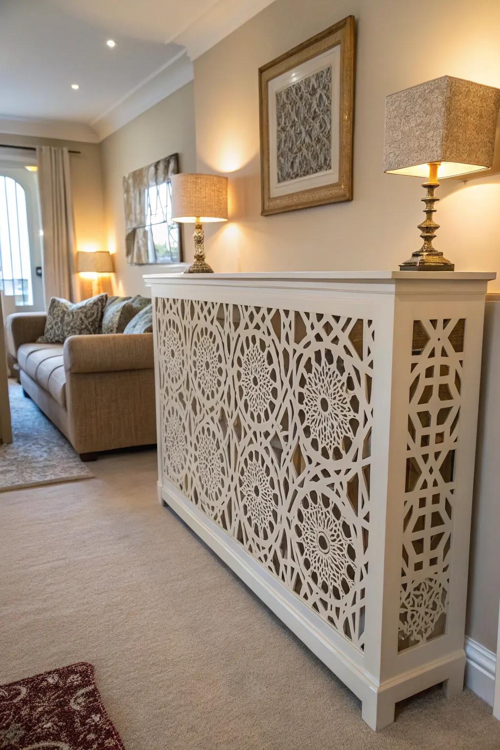 Elaborate decorative panels change a standard radiator concealment into a striking piece of art.