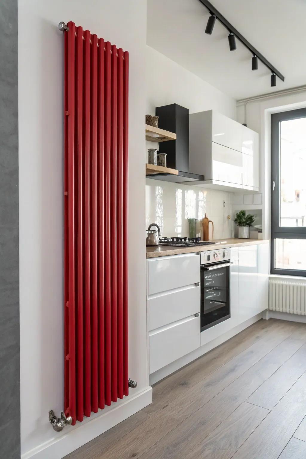 A striking red radiator brings passion into a serene cooking area.