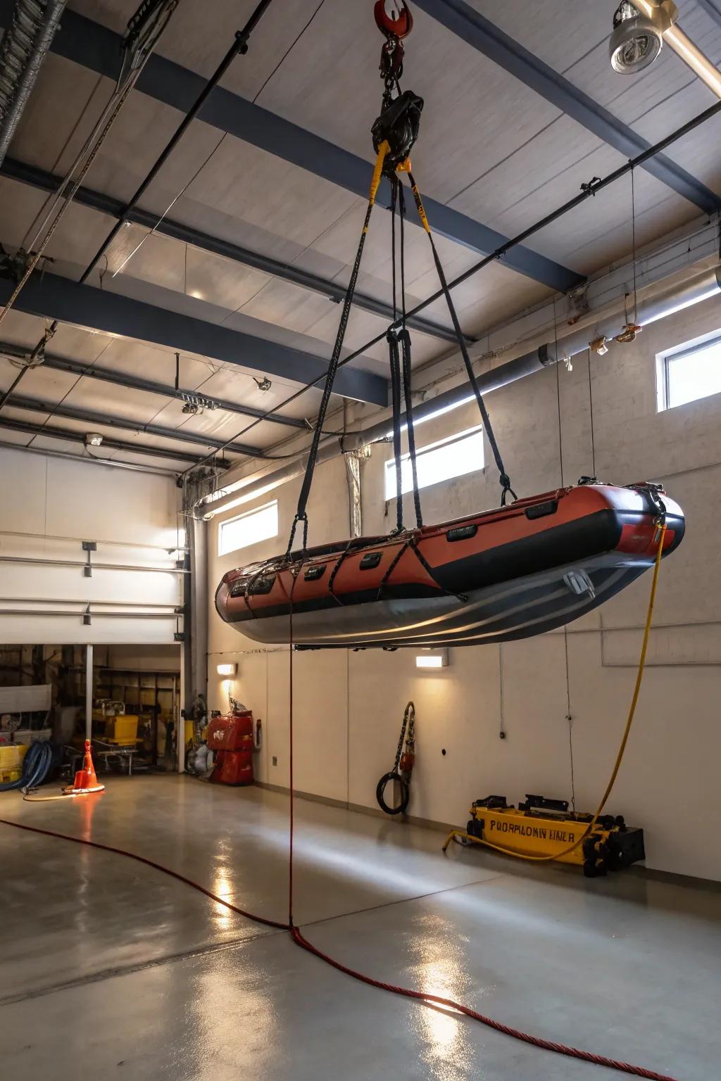 Ceiling storage keeps your skiff safe and frees up space.