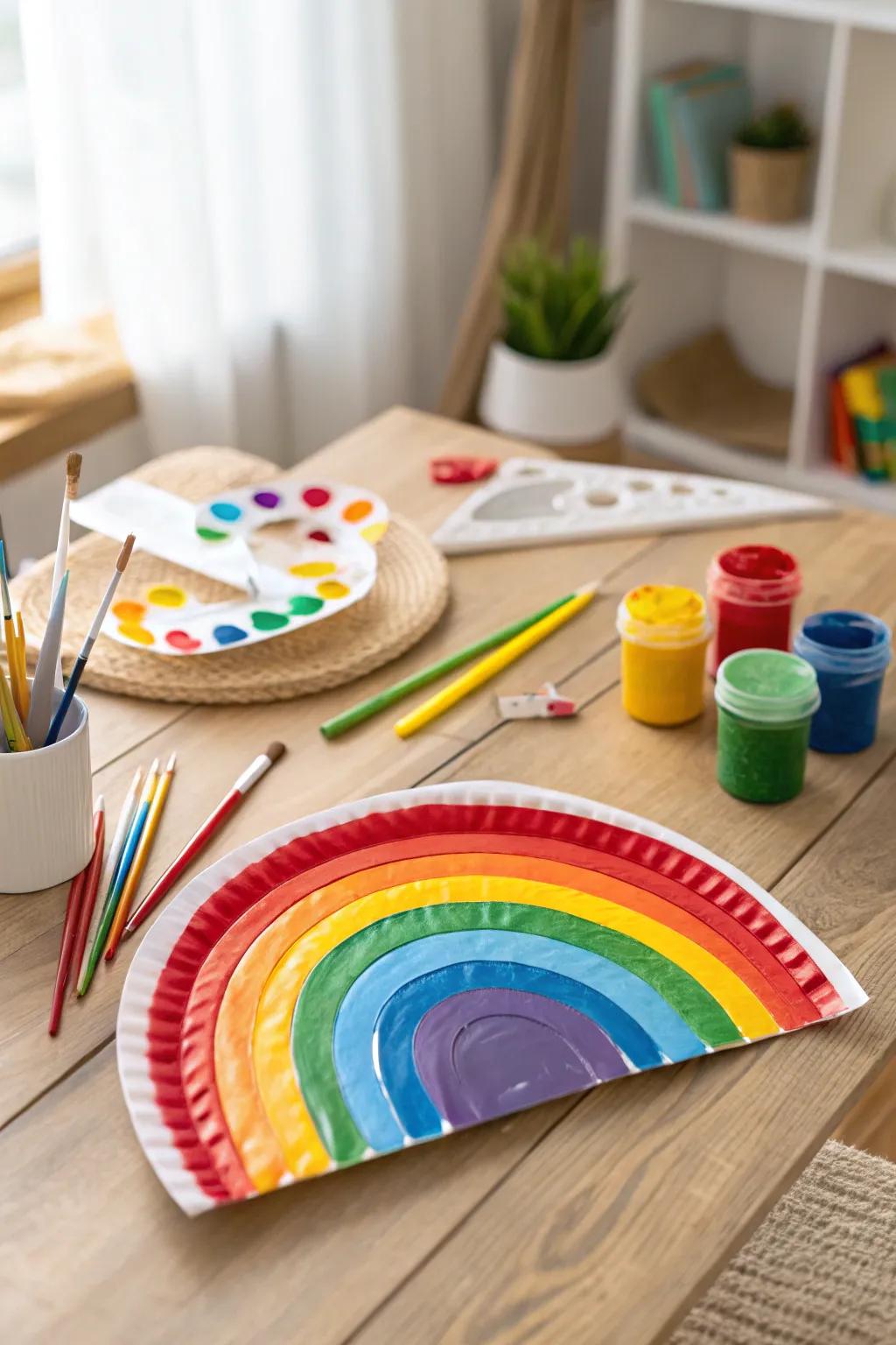 A vibrant paper plate transformed into a rainbow arc.