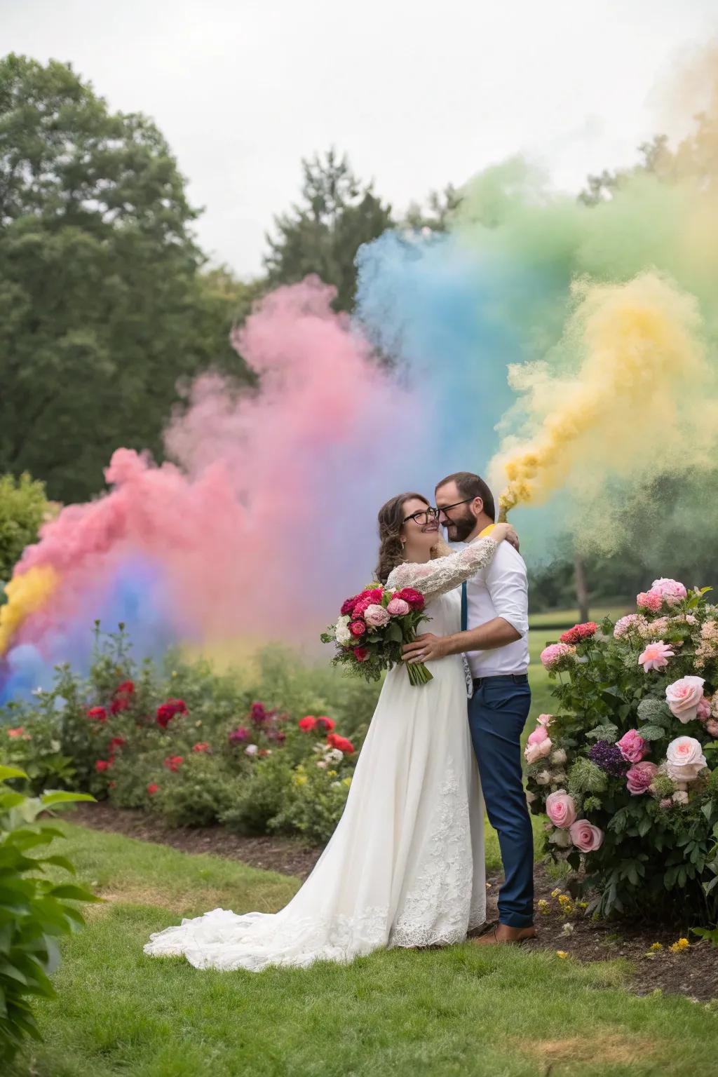 A couple posing against a backdrop of rainbow smoke effects for their wedding photographs.