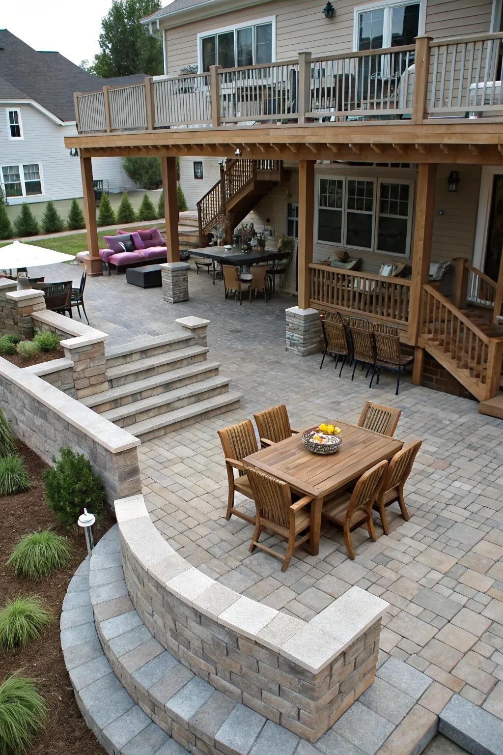 A multi-level patio uses separate zones for different uses.