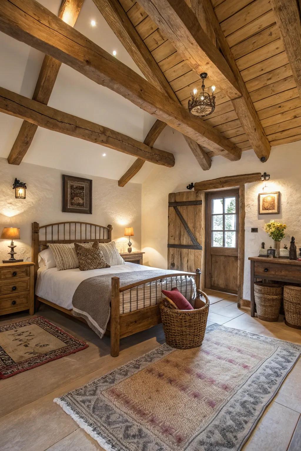 A ranch-style bedroom featuring visible wood ceiling supports and countryside decor features.