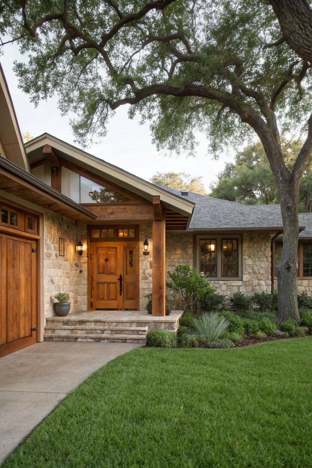 A classic wooden portal radiates warmth for any ranch-style house.