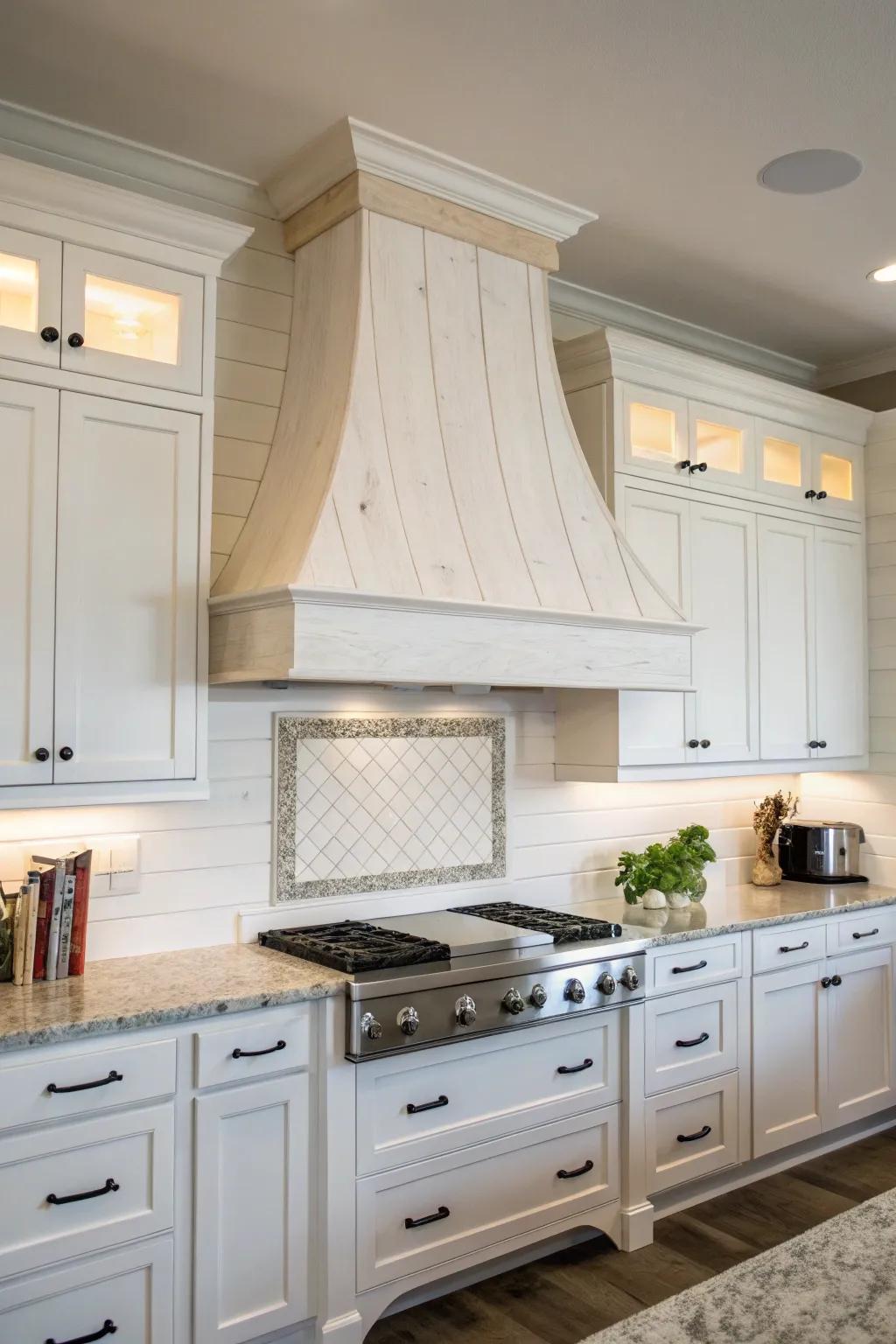 A minimalist white timber range hood cover for an enduring kitchen aesthetic.
