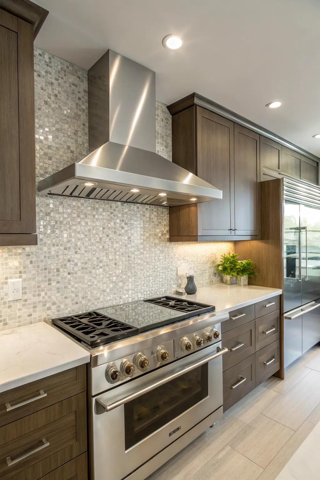 Modern kitchen design featuring a stainless steel range hood and coordinated backsplash for a refined appearance.