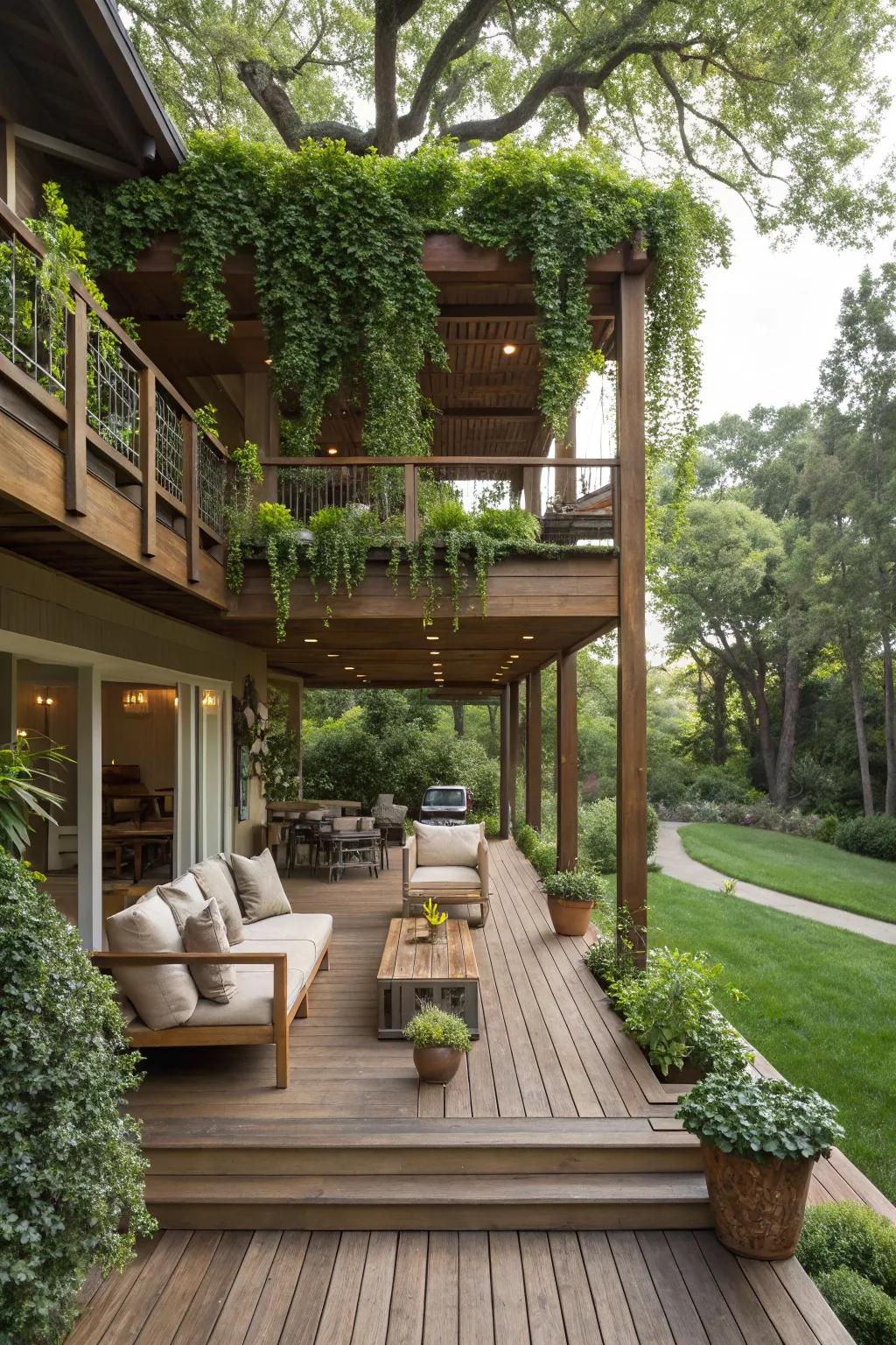 Bring in depth with a multi-tiered rectangular deck.