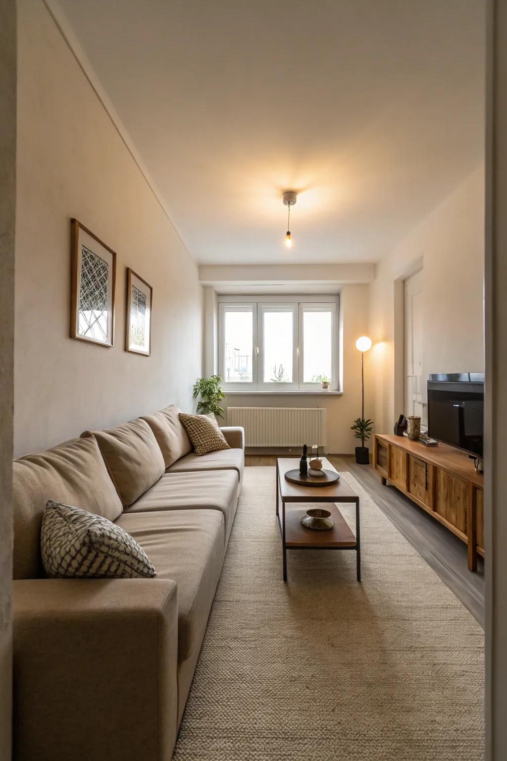 L-shaped couch developing a comfortable space in a slim living room.