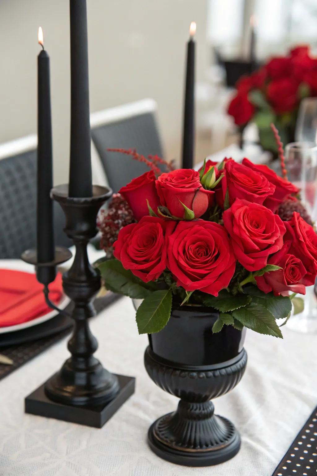 Scarlet roses in a black container matched with ebony candle holders generate a romantic centerpiece.