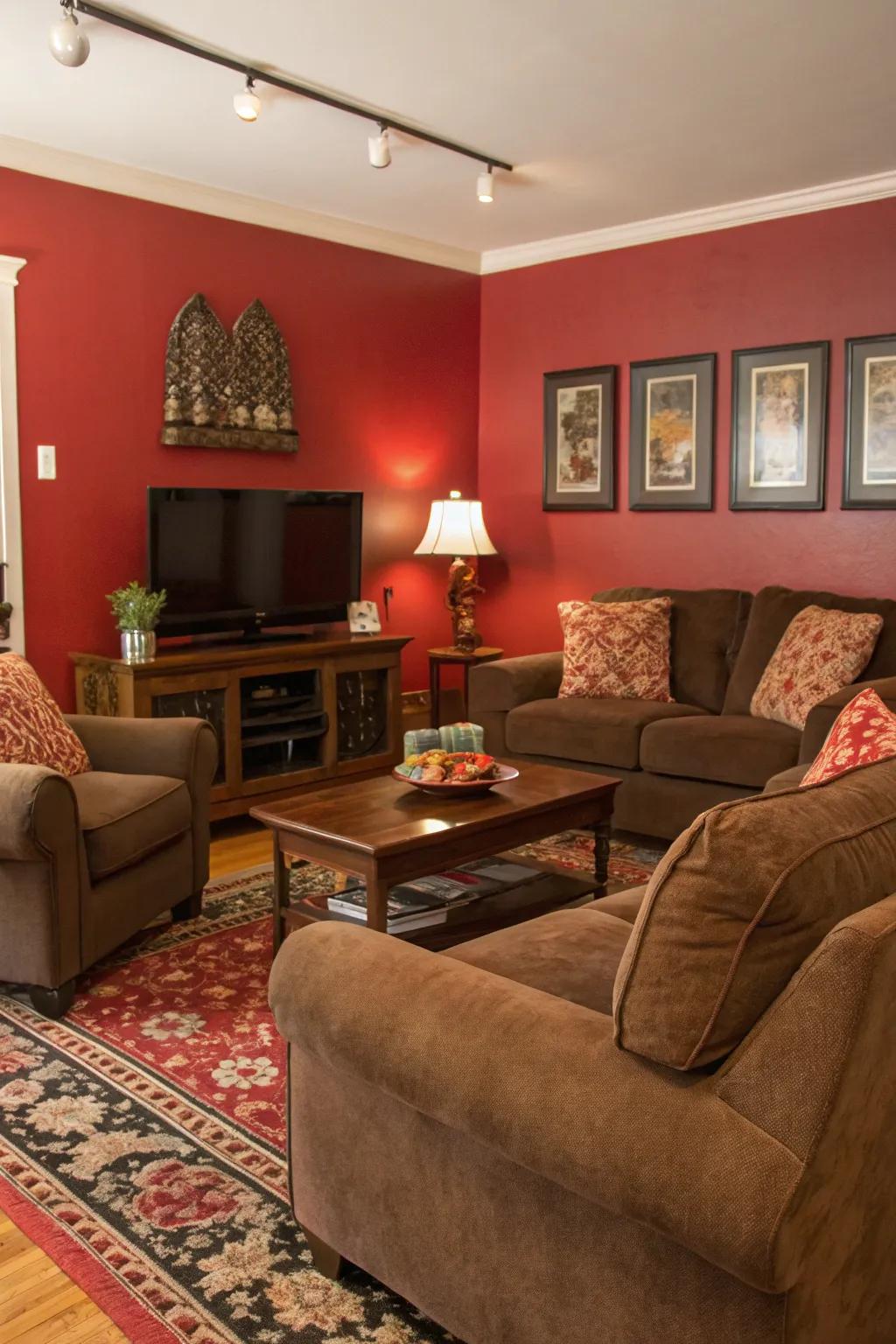 A statement red wall enriches the living room's depth and focal point.