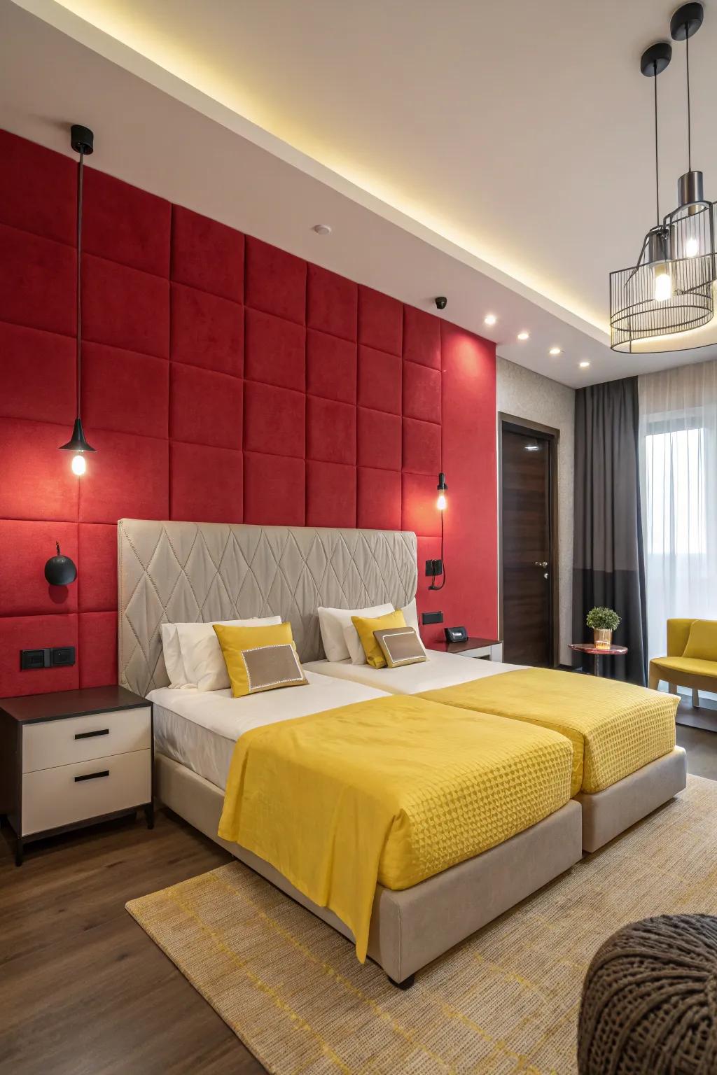 The dramatic crimson focal wall complements the gold bedding, creating a striking visual in this cozy bedroom.