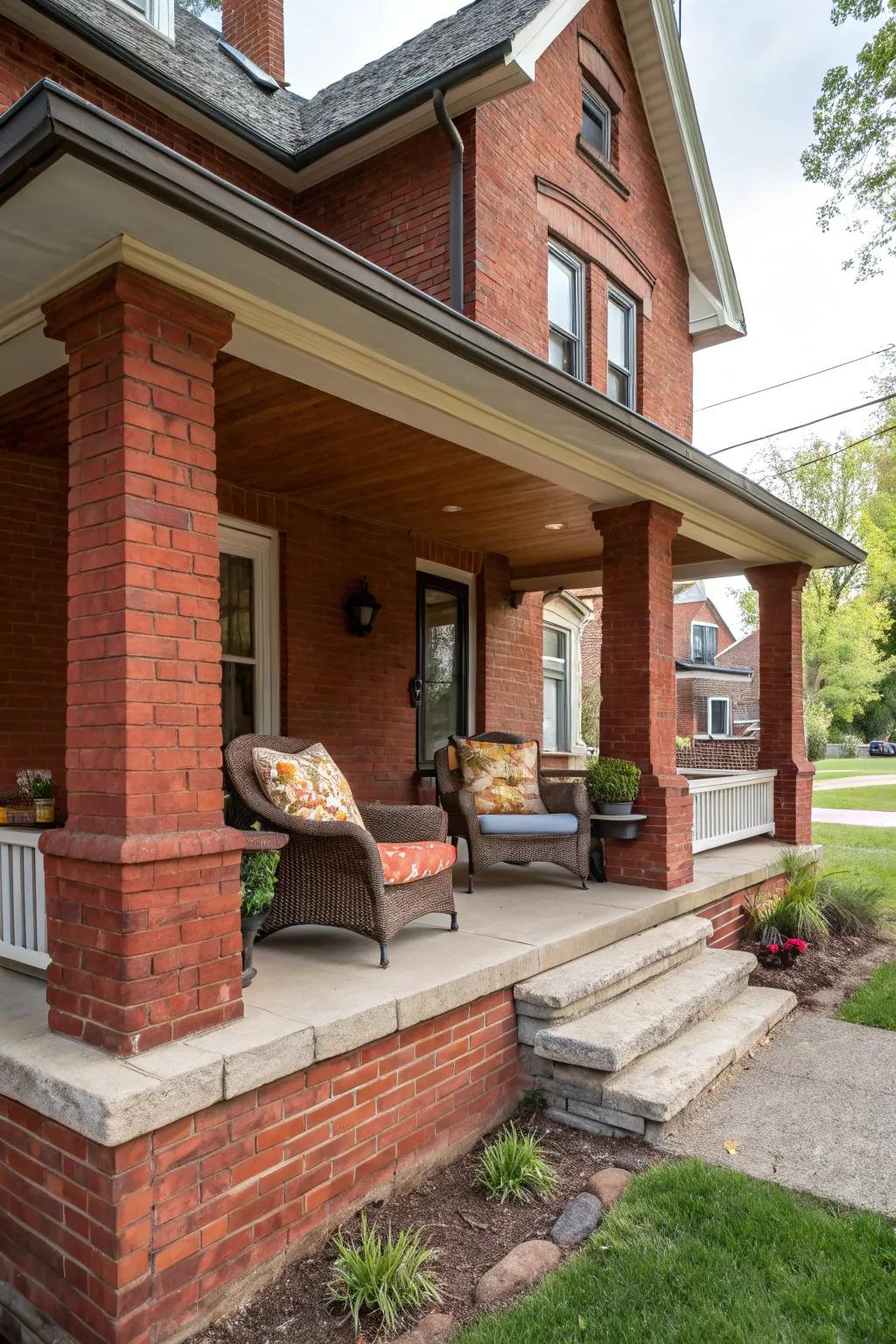 A relaxing seating nook on a red brick porch, just right for enjoying a good read.