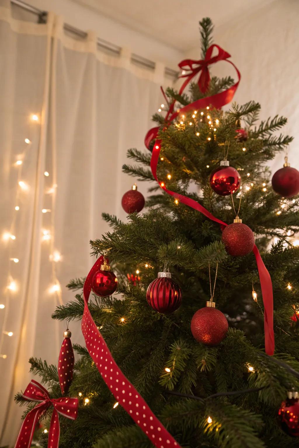 A Christmas tree gracefully embellished with red ornamentation.
