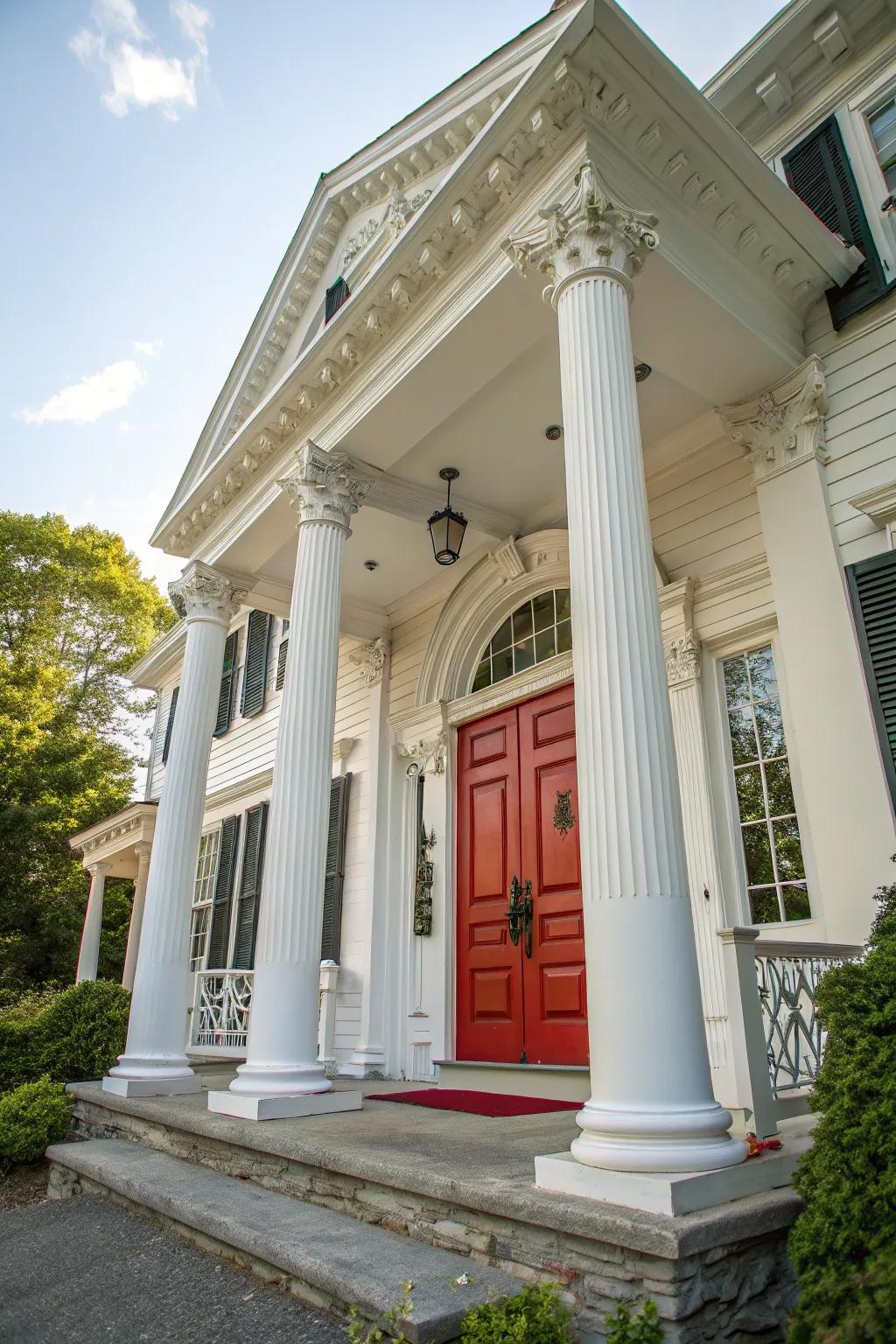 Colonial residence featuring a striking red entry door, radiating timeless charm.