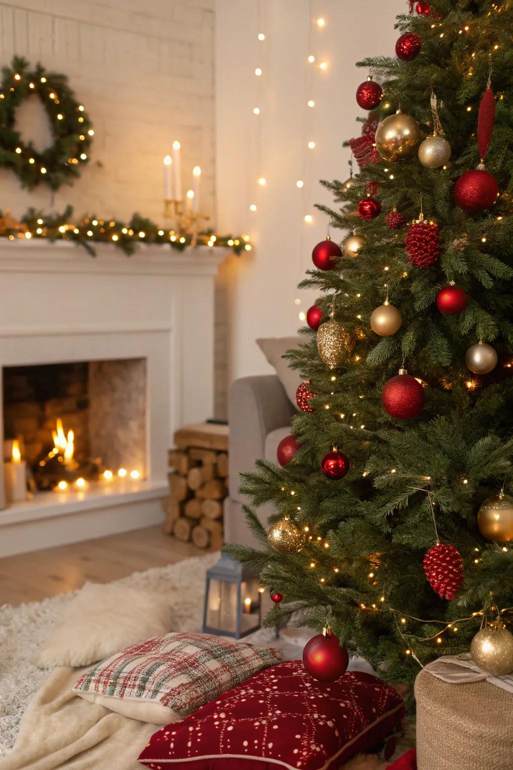 A traditional Christmas tree adorned with red and gold ornaments for a classic appearance.