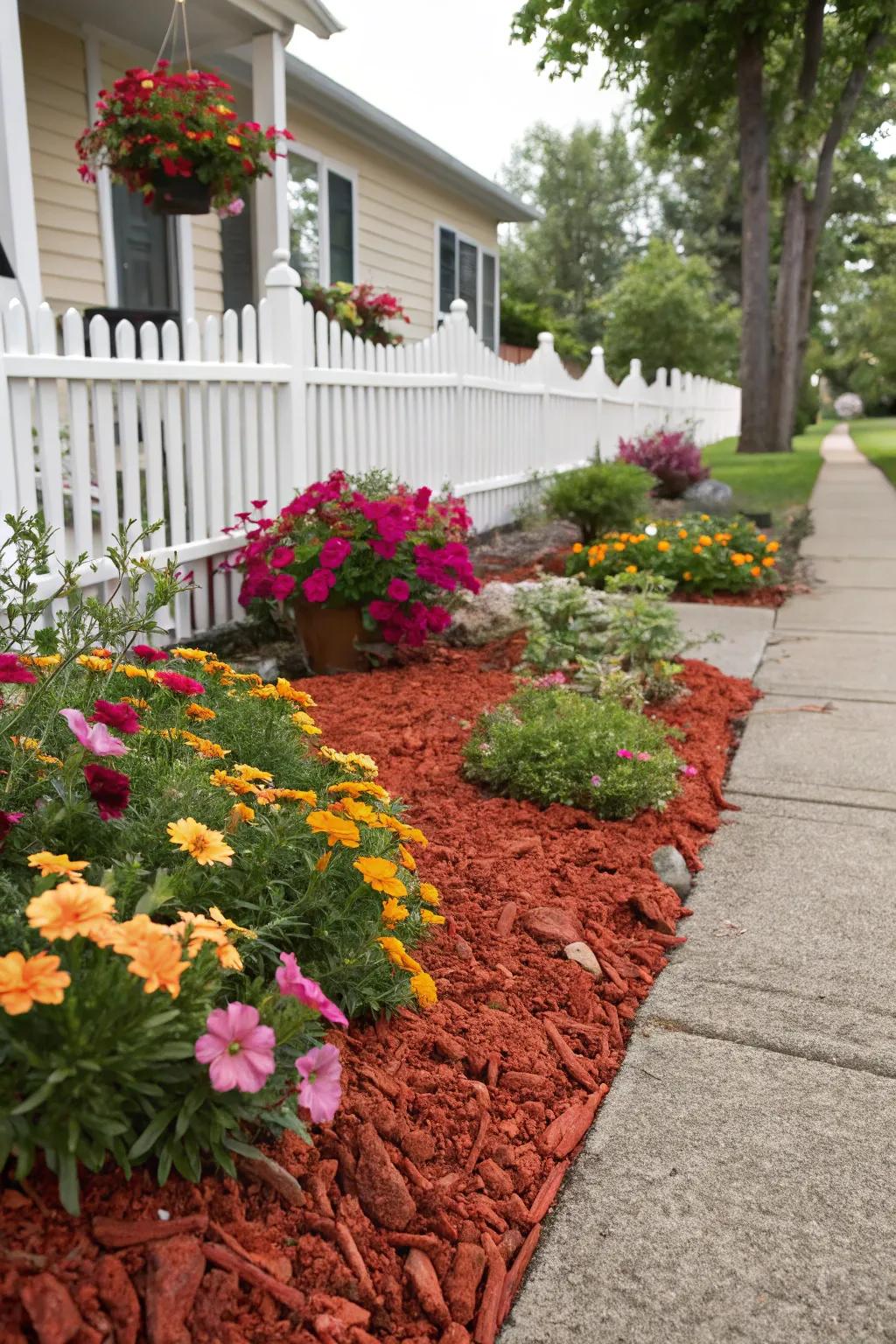 Garnet ground cover intensifies the striking hues of flowers, resulting in a stunning garden display.
