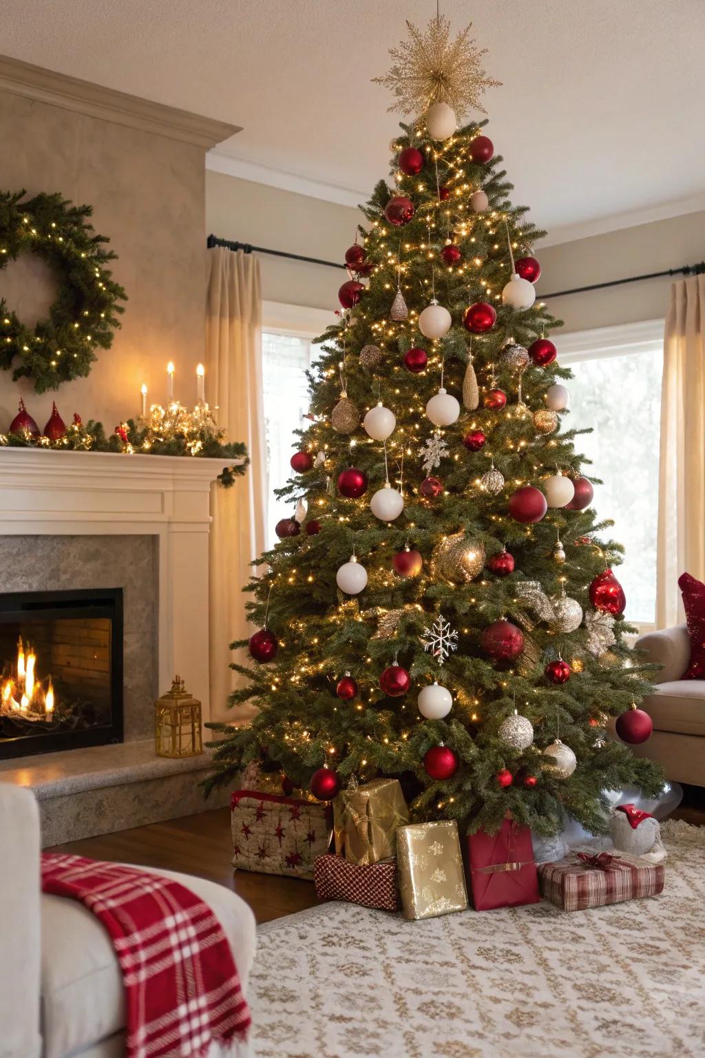 A Christmas tree radiating timeless sophistication with its red and gold spheres.