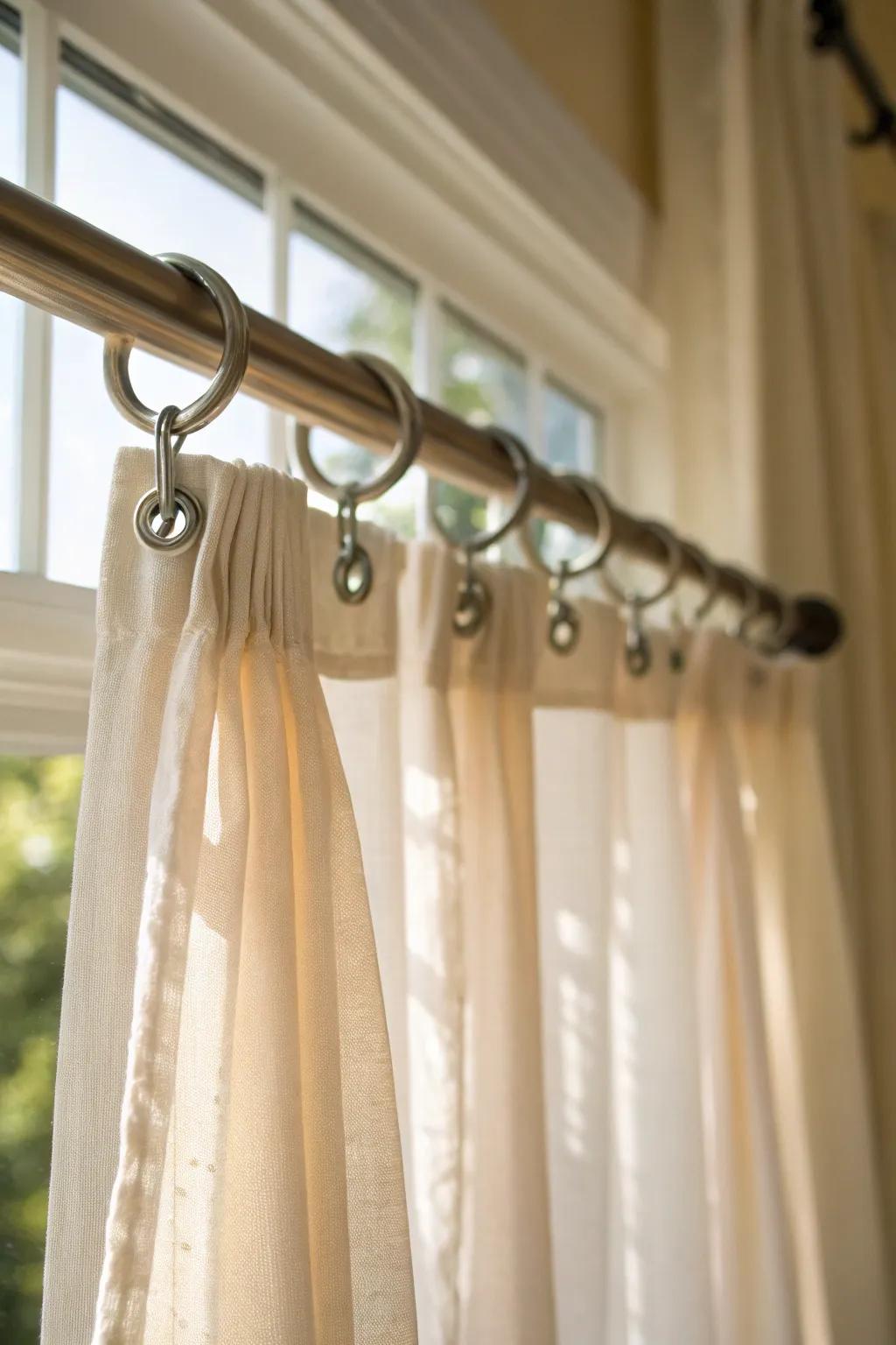 Adhesive hooks holding curtains elegantly without any wall damage.