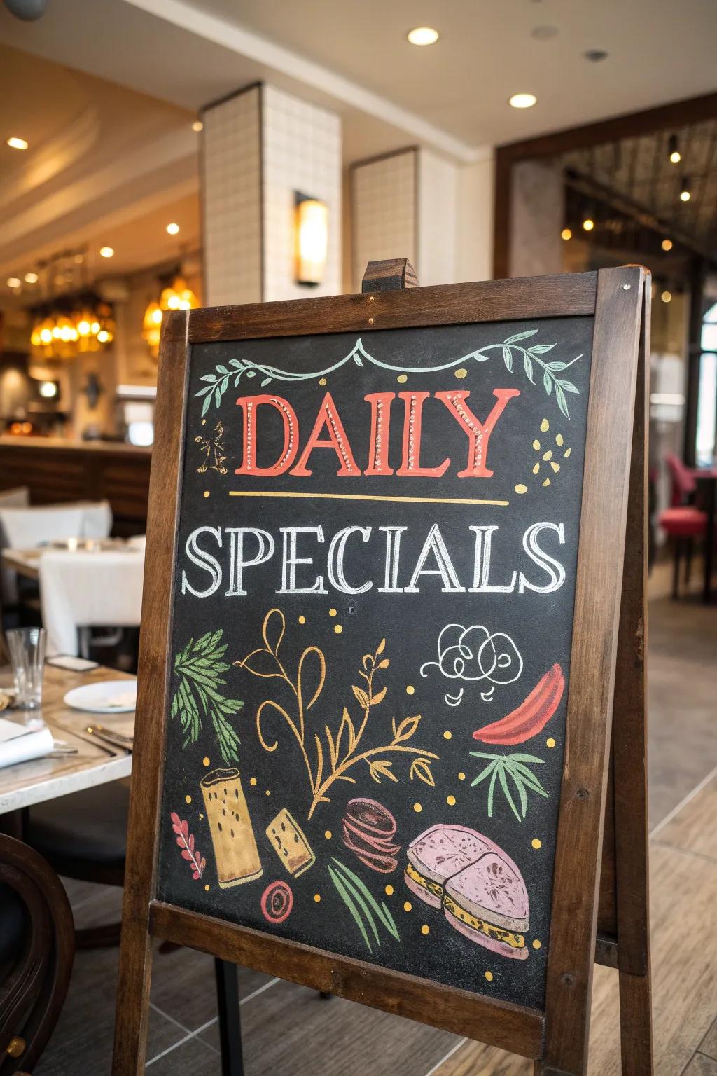 A restaurant chalkboard dynamically showcasing daily specials with captivating colors and pictures.