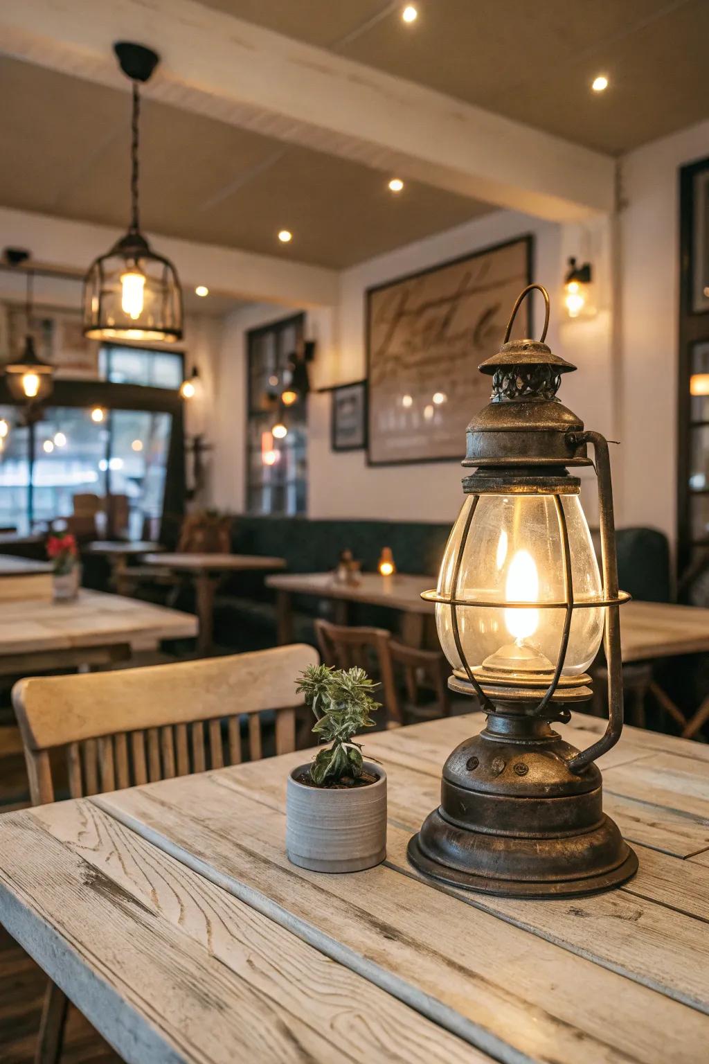 A vintage lantern-style table lamp on a wooden table in a restaurant environment.