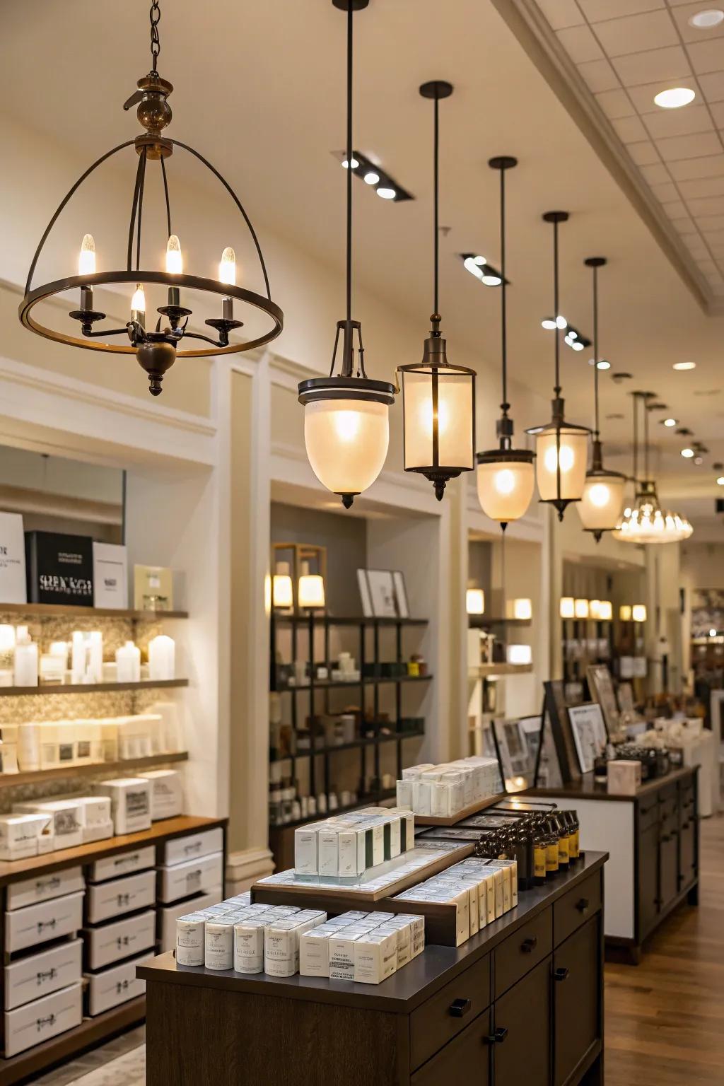 Ambient lighting enhances product presentation and cultivates a comfortable shopping atmosphere.