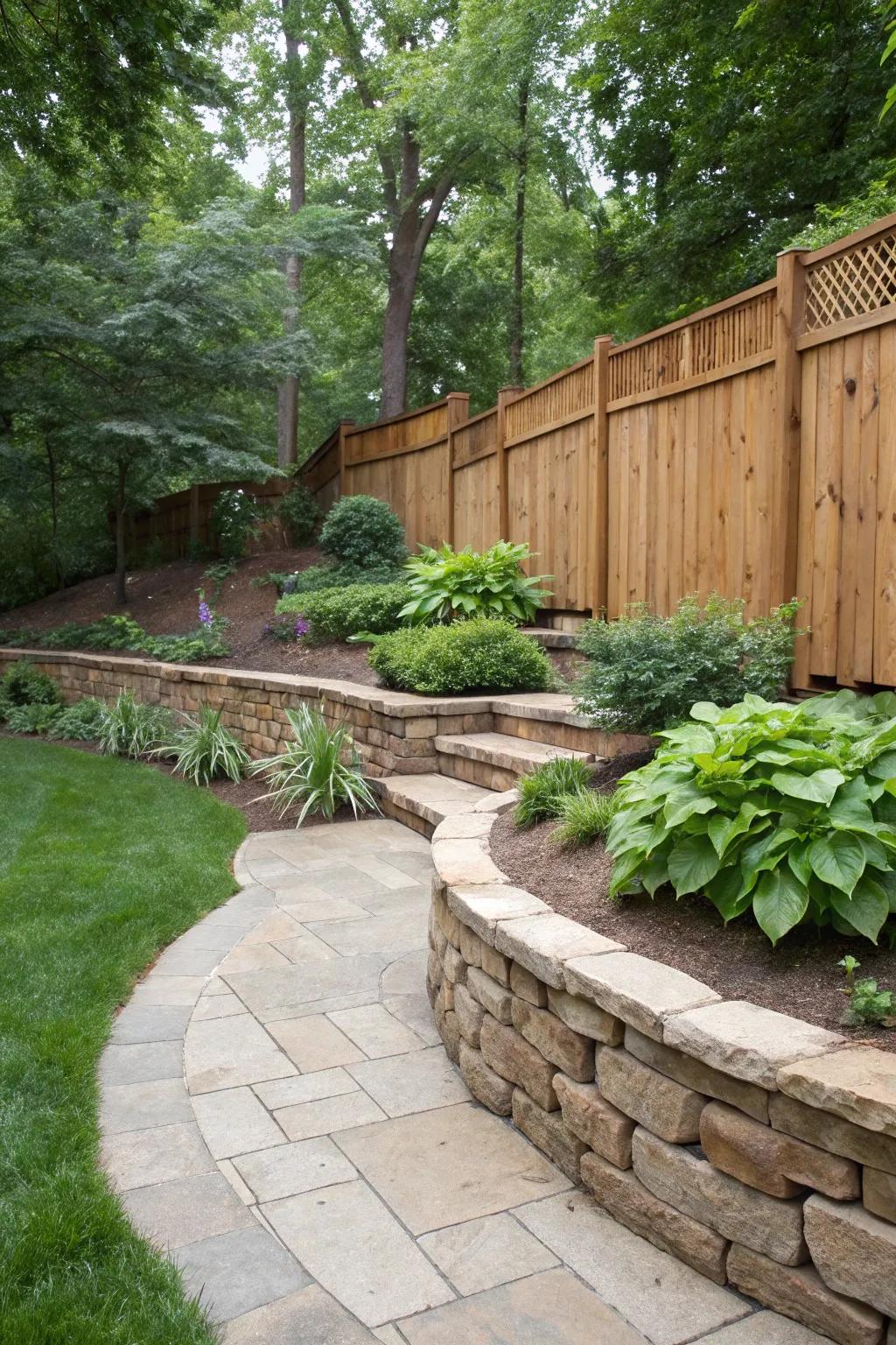 A soothing mix of wood and stone in a backyard setting.
