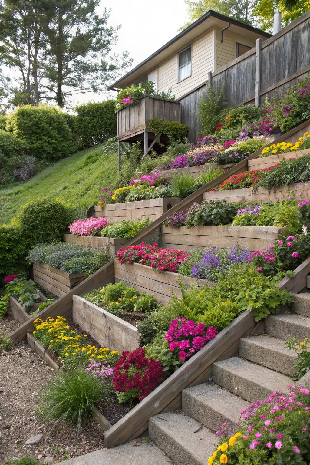 Terraced planting areas convert inclines into verdant, vibrant spaces.