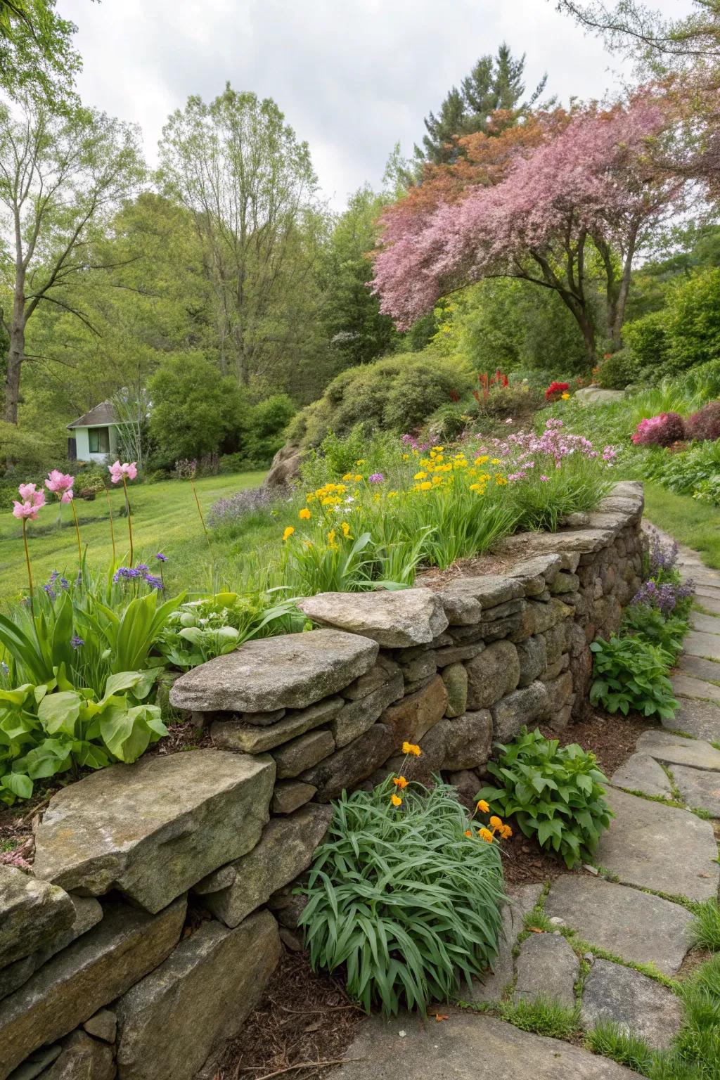 A countryside-inspired stone retaining wall enriches any garden with timeless appeal.