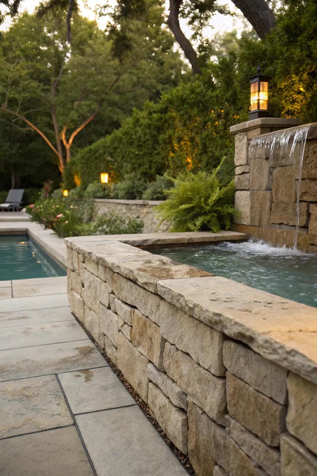 Retaining wall built with natural stone, complemented by a soothing water feature.