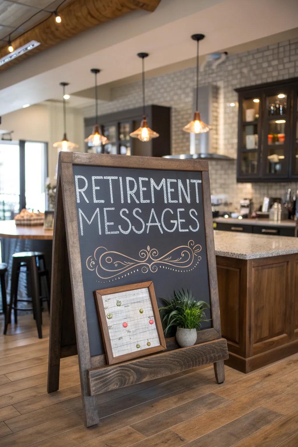 A charming chalkboard sign brings a touch of whimsy to any retirement party.