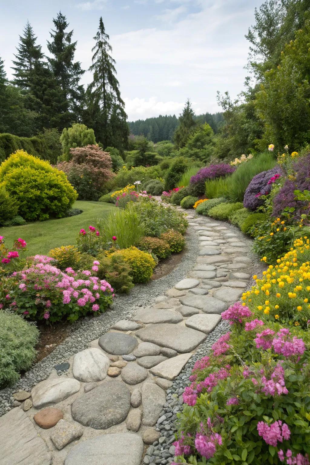 A serene stone path invites you to stroll through the natural beauty.