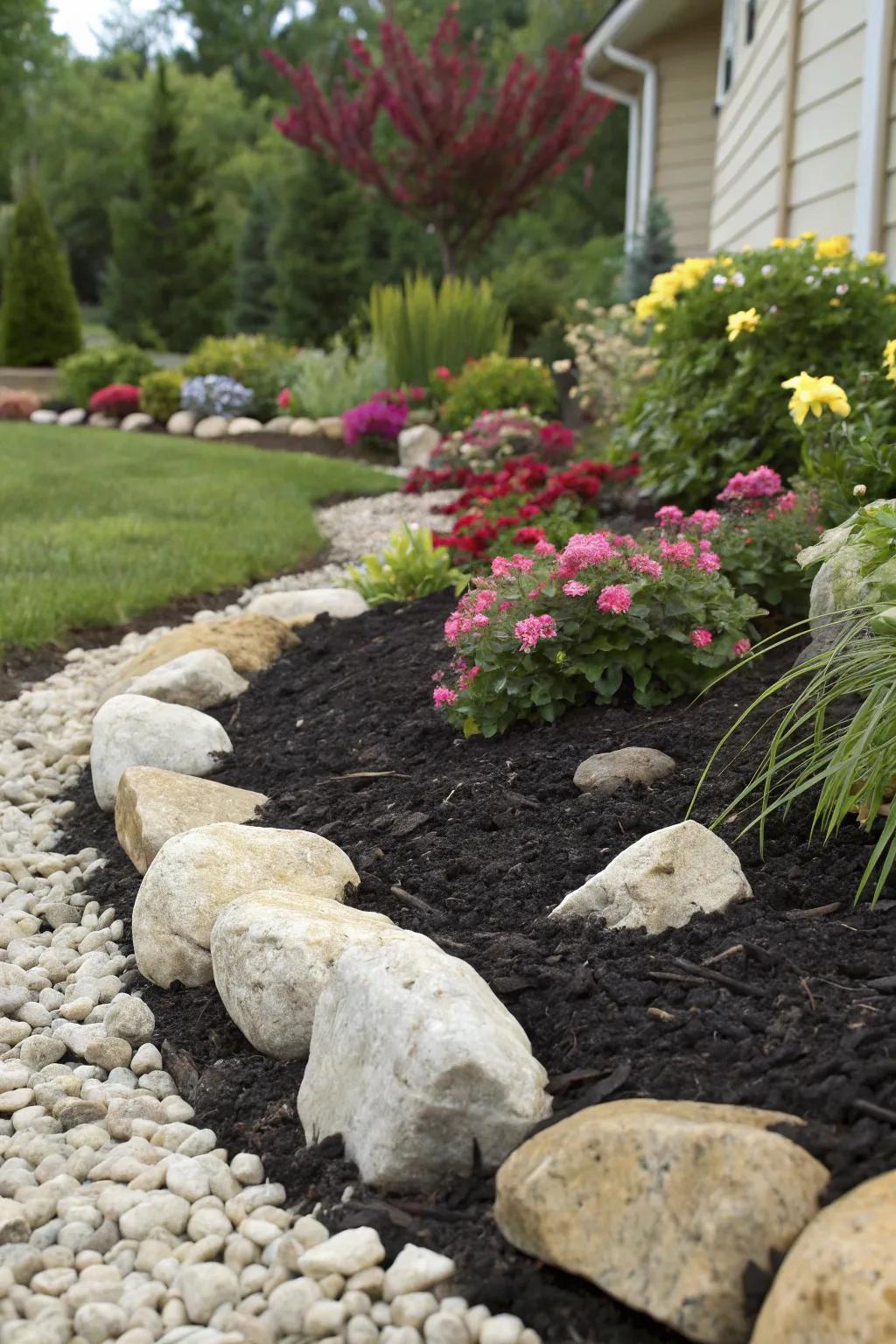 The striking contrast of dark mulch against light rocks.